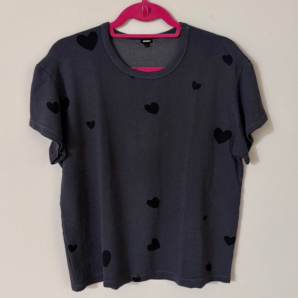 Monrow Womens Charcoal Grey Black Flocked Heart Short Sleeve Sweatshirt Large